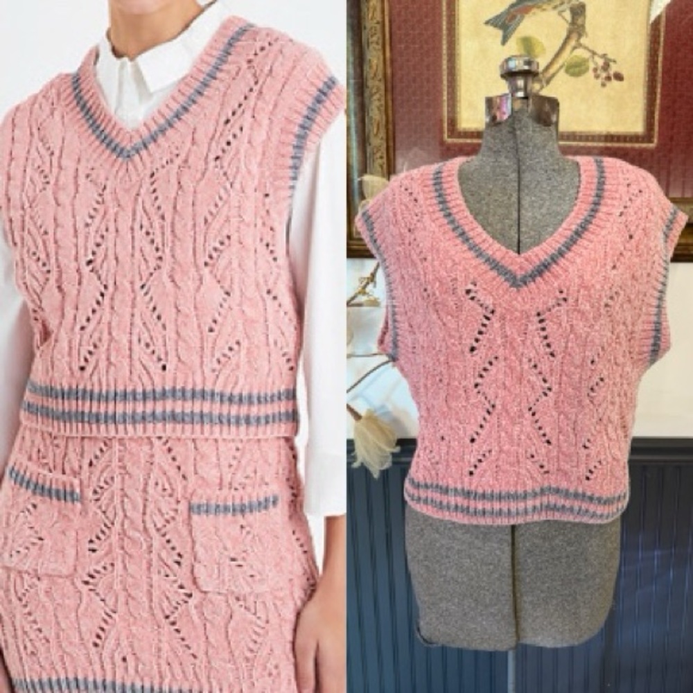 English Factory Chenille Contrast Chunky Sweater Vest Sz Medium 💛🍄